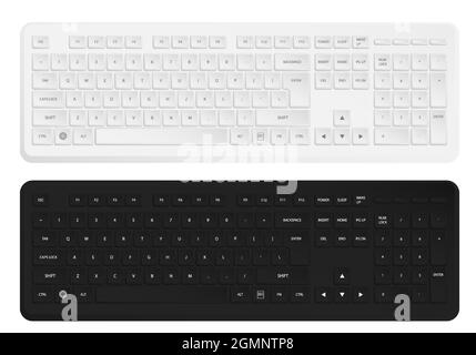Realistische weiße und schwarze kabellose PC-Tastatur. Englische Buchstaben und Symbole auf den Tastaturtasten. Isolierter Vektor auf weißem Hintergrund Stock Vektor
