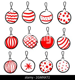 Set von handgezeichneten leuchtend roten weihnachtskugeln auf weißem Hintergrund isoliert. Konturstil einfacher flacher Vektor Illustration Stock Vektor