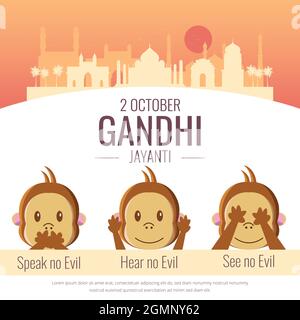 Illustration von Gandhi Jayanti. Illustration von Three Monkey für das Sprechen kein Bösen, Hören Sie kein Böses, Sehen Sie kein Böses. Stock Vektor