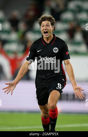 Wolfsburg, Deutschland. 19. Sep, 2021. Jubel zum Tor zum 0: 1 Fußball 1. Bundesliga, 5. Spieltag, VfL Wolfsburg (WOB) - Eintracht Frankfurt (F) 1: 1, am 09 19/2021 in Wolfsburg/Deutschland. Die DFL-Vorschriften verbieten die Verwendung von Fotos als Bildsequenzen und/oder quasi-Video. Quelle: dpa/Alamy Live News Stockfoto