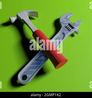 Hammer- und Schraubenschlüssel-Symbol auf grünem sauberen Hintergrund - 3D-Darstellung Stockfoto