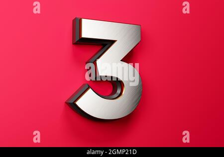 3 keine Ziffer weiße Silberfolie Zahlen Schwarzer Rand auf rotem Hintergrund in 3d Rendering count gesetzt Stockfoto