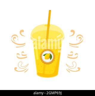 Zitronen-Smoothie in einem Plastikbecher mit Etikett. Realistisches Kunststoffglas mit gelber Limonade Stock Vektor