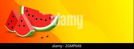 Gelbes Sommer-Template-Banner mit Wassermelone. 3D-Scheibe Wassermelone mit Trinkhalm Stock Vektor