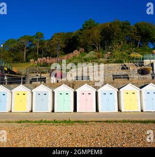 Bunte Strandhütten an der Lyme Regis Coast Line an der englischen Südküste Seaside Stockfoto