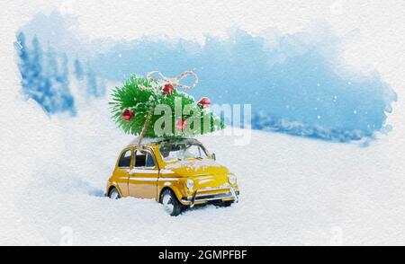 Aquarell Retro Gelbes Auto mit weihnachtsbaum auf dem Dach in verschneitem Winterwald. Hintergrund zu Weihnachten. Feiertagskarte. Stockfoto