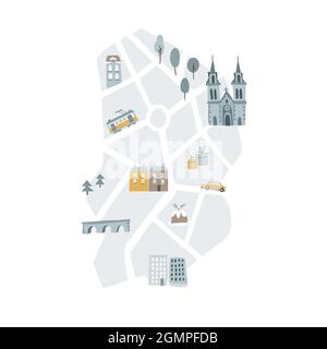 Niedliche Weihnachtsgrußkarte, Einladung mit Stadtplan, Stadt. Von Hand gezeichnete Straßen, Kirchen und Häuser. Straßenbahn und Auto. Winter flaches Design mit Brücke Stock Vektor