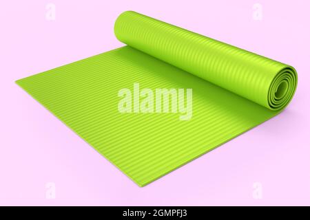 Grüne Yogamatte oder leichte Schaumstoff-Campingbett-Rollauflage isoliert auf rosa Hintergrund. 3d-Rendering von Sportgeräten für Fitness, Yoga und aktives Arbeiten Stockfoto