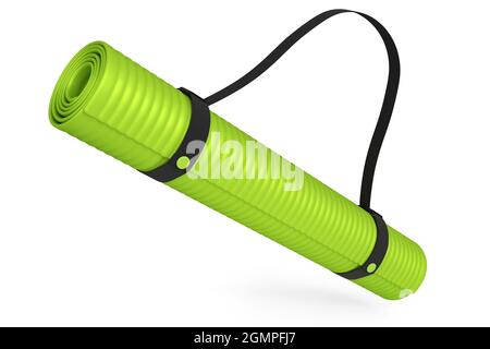 Grüne Yogamatte oder leichte Schaumstoff-Campingbett-Rollauflage isoliert auf weißem Hintergrund. 3d-Rendering von Sportgeräten für Fitness, Yoga und Active Wor Stockfoto