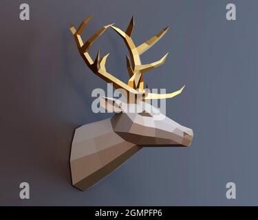 Niedrige Poly-Hirsch-Trophäe goldene Hörner im Profil, grauer Hintergrund, 3d-Rendering Stockfoto