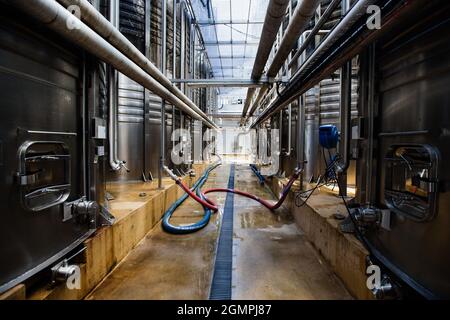 Große Tanks für die Gärung in der modernen Kellerei. Stockfoto