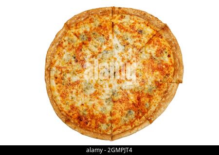 Pizza mit Hackfleisch, Käse und Pilzen auf Weiß isoliert. Stockfoto