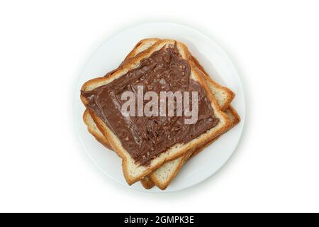 Teller mit Schokoladenpaste Sandwiches isoliert auf weißem Hintergrund Stockfoto