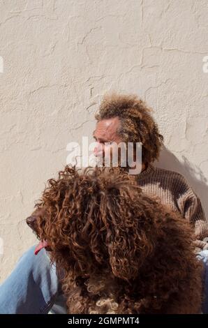 Porträt des Hundes mit seinem Besitzer, der ihn bedeckt, das Gesicht des Hundes ist sehr nah und der Mann ist im Hintergrund, sie sehen beide an der gleichen Stelle Stockfoto