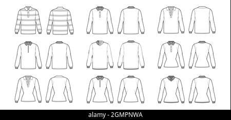Set von Polo Shirts technische Mode Illustration mit langen Ärmeln, Tunika Länge, henley-Ausschnitt, angepassten übergroßen Körper, klassischen Kragen. Bekleidungstop außen Schablone vorne, hinten, weiß. Frauen CAD Stock Vektor