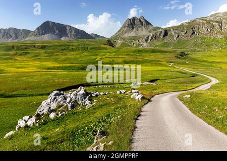 Gewundene Straße auf einem wunderschönen Lukavica-Plateau in der Mitte der Berge hoch über Niksic Town, Montenegro Stockfoto