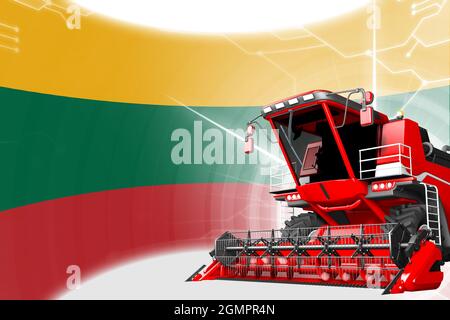 Innovatives Konzept für die Landwirtschaft, moderner Getreidemagaschinen rot auf der Flagge Litauens - digitale industrielle 3D-Illustration Stockfoto
