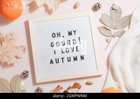 Filzbriefbrett und Text oh mein Kürbis, ich liebe Herbst und Blätter, Kürbisse, Pullover auf beigem Hintergrund.Herbstkonzept. Flache Lay Draufsicht Stockfoto