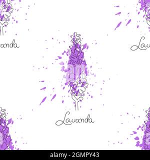 Nahtloses Muster mit Silhouette aus Lavendel mit violettem Farbspritzer und Schriftzug Lavander. Stock Vektor