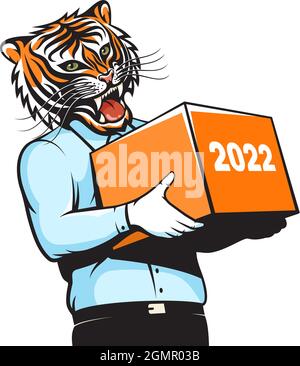 Mann mit Tiger Kopf mit Geschenkbox Stock Vektor