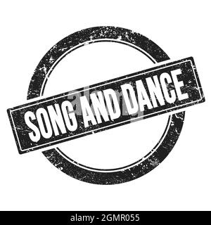 LIED- UND TANZTEXT auf schwarzem, grungigen runden Vintage-Stempel. Stockfoto