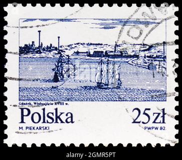 MOSKAU, RUSSLAND - 31. JULI 2021: Die in Polen gedruckte Briefmarke zeigt die Festung Danzig - Wisłoujście von einem unbekannten Künstler, Weichsel-Flussserie, um 1982 Stockfoto