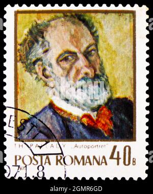 MOSKAU, RUSSLAND - 31. JULI 2021: In Rumänien gedruckte Briefmarke zeigt Theodor Pallady (1871-1956) Rumänischer Maler, Künstlerserie, um 1971 Stockfoto