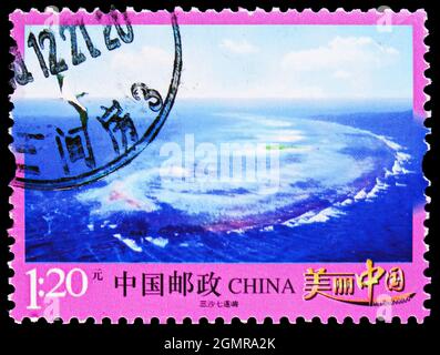 MOSKAU, RUSSLAND - 31. JULI 2021: In China gedruckte Briefmarke zeigt San Sha Seven Islands, wunderschöne China-Serie, um 2013 Stockfoto