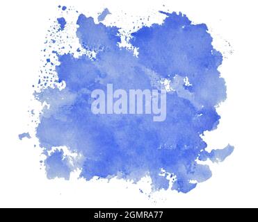 Blauer Tintenfleck isoliert auf weißem Hintergrund, Draufsicht auf blaue Wasserfarbe Stockfoto