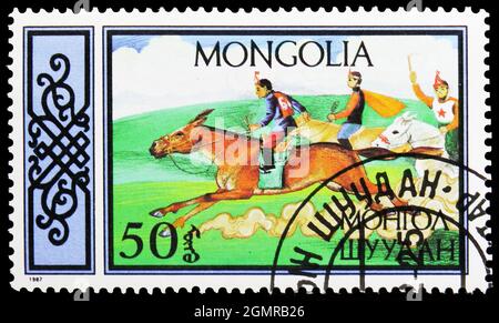 MOSKAU, RUSSLAND - 26. NOVEMBER 2018: Eine in der Mongolei gedruckte Marke zeigt die Serie Race, Equestrian Sports, um 1987 Stockfoto