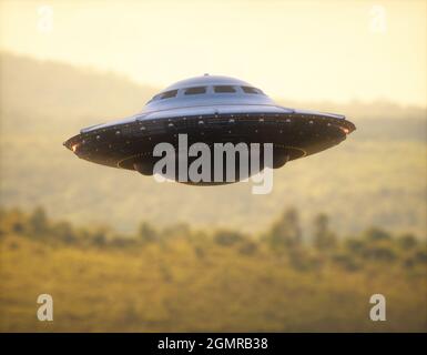 3D-Illustration eines UFO, nicht identifiziertes fliegendes Objekt, das über den Wald und die Bergketten gravitiert. Stockfoto