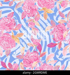 Illustration eines nahtlosen Blumenmusters mit Pfingstrose und abstraktem blauem Hintergrund. Handgezeichneter Hintergrund. Stockfoto