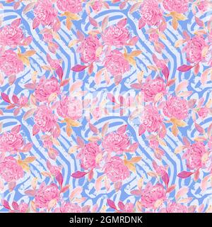 Illustration eines nahtlosen Blumenmusters mit Pfingstrose und abstraktem blauem Hintergrund. Handgezeichneter Hintergrund. Stockfoto