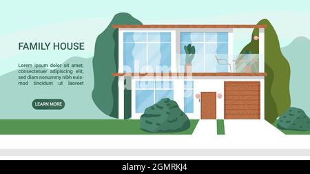 Modernes, minimalistisches Familienhaus mit Garage. Farbenfrohe, flache Vektorgrafik. Bau von zeitgenössischer Architektur. Immobilien in der Natur Stock Vektor