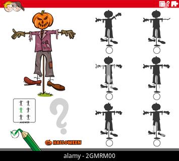 Cartoon Illustration der Suche nach dem Schatten ohne Unterschiede pädagogische Spiel für Kinder mit Vogelscheuche Halloween-Charakter Stock Vektor