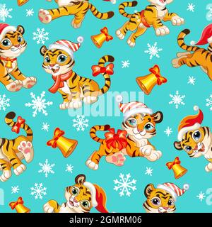 Nahtloses Muster mit niedlichem Tiger-Junge-Charakter, Glocken und Schneeflocken. Konzept für Winterweihnachtszeit. Vektorgrafik isoliert auf türkisfarbenem Hintergrund. Stock Vektor