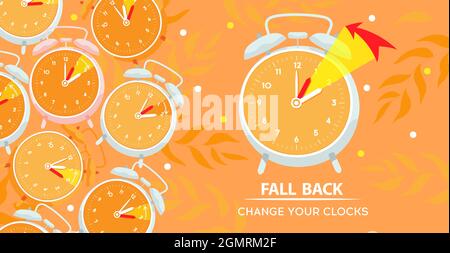 Sommerzeit endet Konzept, fallen zurück. Der Uhrzeiger wechselt zur Winterzeit. Uhr auf herbstlichem Hintergrund mit Dekoration aus Herbstlaub. Stock Vektor