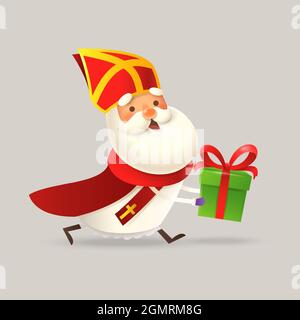 Niedliche Nikolaus oder Sinterklaas laufen mit Geschenk - 3D-Vektor-Illustration Stock Vektor