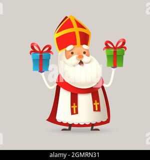 Niedlicher Nikolaus oder Sinterklaas mit zwei Geschenken - 3D-Vektordarstellung Stock Vektor