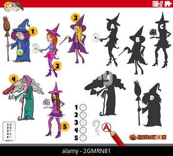 Cartoon Illustration der Suche nach den richtigen Schatten auf die Bilder Lernspiel für Kinder mit Hexen Halloween-Charaktere Stock Vektor