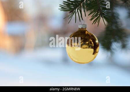 Goldener Weihnachtsschmuck, der auf dem Kiefernbaum-Ast hängt, mit verschneiten Landschaften im Hintergrund Stockfoto