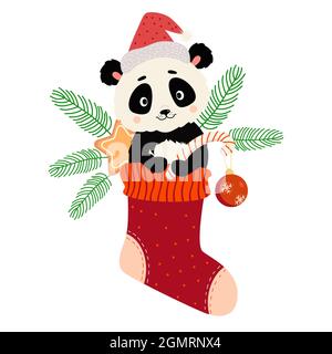 Weihnachtssocke mit niedlichem Panda, Geschenken, Lebkuchen, gestreiftem Karamell und Weihnachtskugel. Vektorgrafik. Für Neujahrskarten, Kindersammlung Stock Vektor