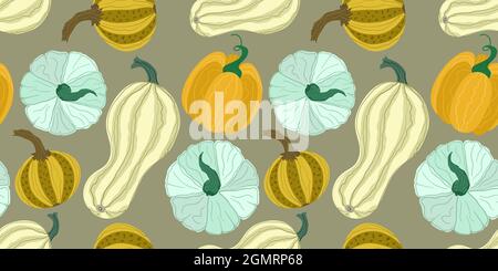 Vektor nahtloses Muster mit Kürbissen. Herbstmuster. Herbsternte und Erntedankfest. Muster für den Druck auf Papier, Stoff Stock Vektor