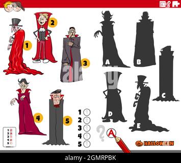 Cartoon Illustration der Suche nach den richtigen Schatten auf die Bilder Lernspiel für Kinder mit Vampire Halloween-Charaktere Stock Vektor