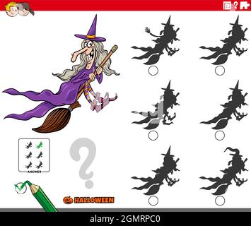 Cartoon Illustration der Suche nach dem Schatten ohne Unterschiede pädagogische Spiel für Kinder mit Hexe auf Besen Halloween-Charakter Stock Vektor