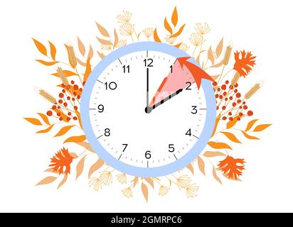 Die Sommerzeit endet. Vektordarstellung mit einer Uhr, die sich eine Stunde zurückdreht. Uhren in einem floralen Rahmen aus herbstlich orangefarbenem Laub. Stock Vektor