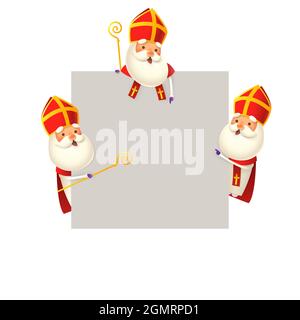 St. Nikolaus oder Sinterklaas auf der linken und rechten Seite des Brettes und oben - gruppierte und isolierte 3D-Vektordarstellung Stock Vektor
