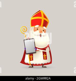 Niedlicher Nikolaus oder Sinterklaas mit Tablet - 3D-Vektordarstellung Stock Vektor