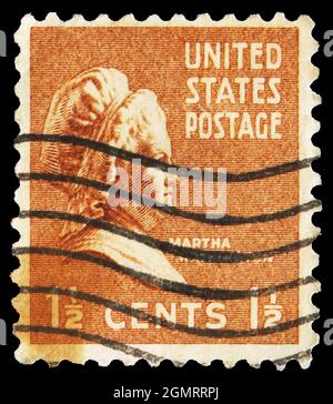MOSKAU, RUSSLAND - 6. NOVEMBER 2019: Die in den USA gedruckte Briefmarke zeigt Martha Washington (1731-1802), ehemalige First Lady der USA, Präsidentin Stockfoto