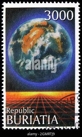MOSKAU, RUSSLAND - 6. NOVEMBER 2019: Briefmarke gedruckt in Cinderellas zeigt Astronomie, Buriatia Russland Serie, um 1997